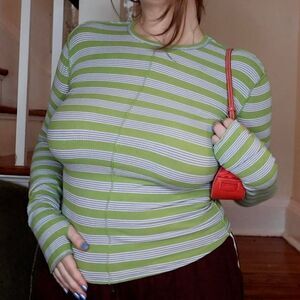 Green Blue Striped Long Sleeve Stretchy Top Thumbholes Sz Small Comfy